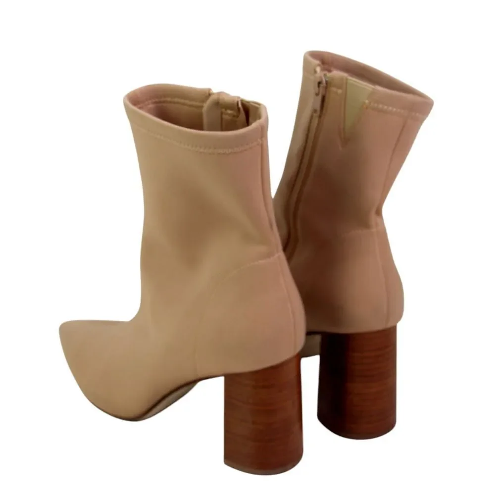 Jeffrey Campbell BEIGE ELASTIC NYLON HIGH HEEL POINTED ZIP SIDE ANKLE BOOTS Sz 6